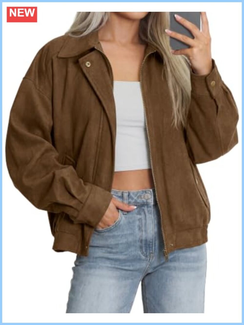 Faux Suede Bomber Jacket Women Oversized Long Sleeve Zip Up Coat